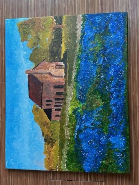 A barn in a field of bluebonnets